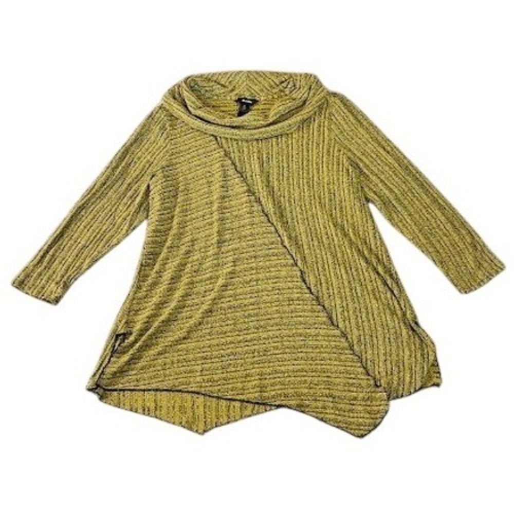 Ali Miles Tunic Top Women XL Mustard Yellow Black Ribbed Cowl Neck Asymmetrical